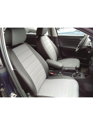 Модельные авточехлы для Skoda Rapid (2014-н.в.) из экокожи Premium, черный+серый