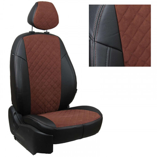 Модельные авточехлы для Toyota Matrix из экокожи Premium 3D ромб и алькантары, черный+шоколад